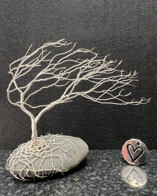 Windswept Celtic Tree Sculpture - Silver (plated) on Pebble- Medium