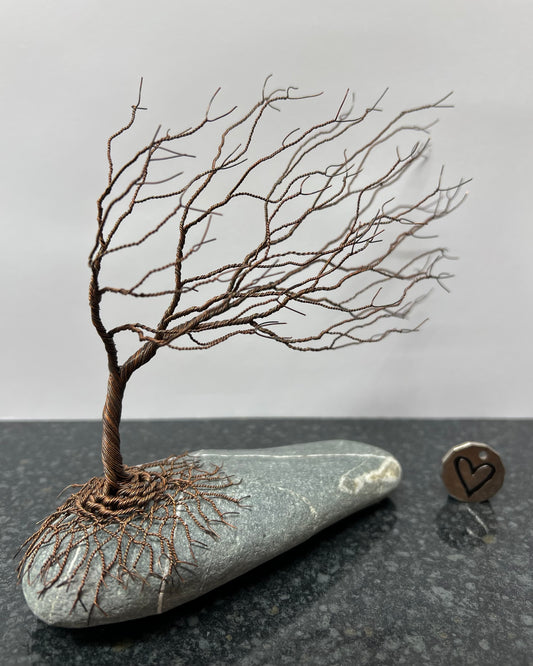 Windswept Celtic Tree Sculpture - Antique Copper on Pebble - Medium Plus