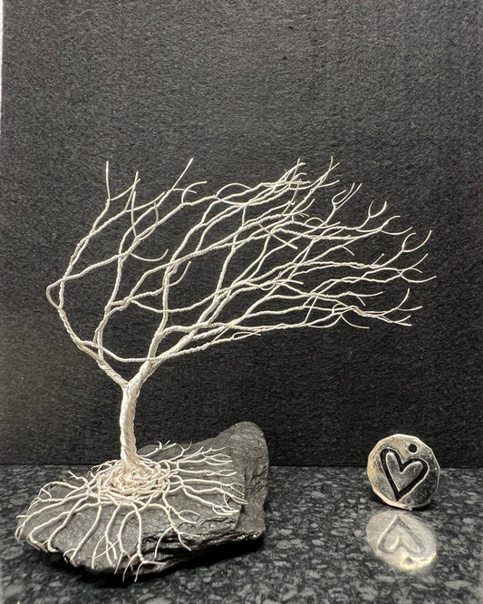 Windswept Celtic Tree Sculpture - Silver (plated) on Slate- Medium