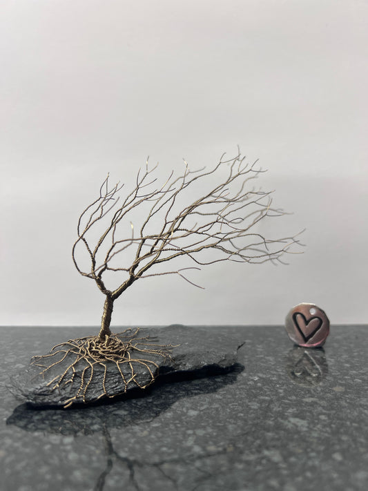 Windswept Celtic Tree Sculpture - Gunmetal on Slate - Medium