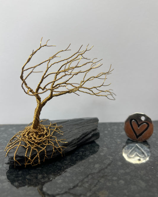 Windswept Celtic Tree Sculpture - Antique Bronze on Slate - Small Plus