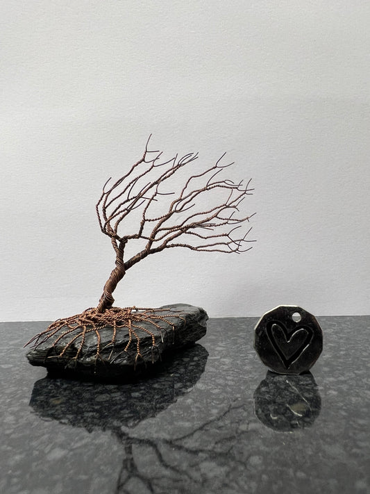 Windswept Celtic Tree Sculpture - Antique Copper on Slate - Small Plus