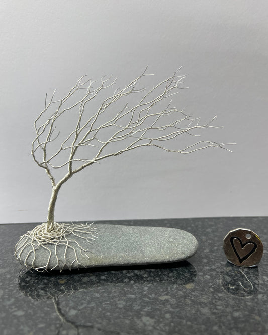 Windswept Celtic Tree Sculpture - Silver (plated) on Pebble- Medium
