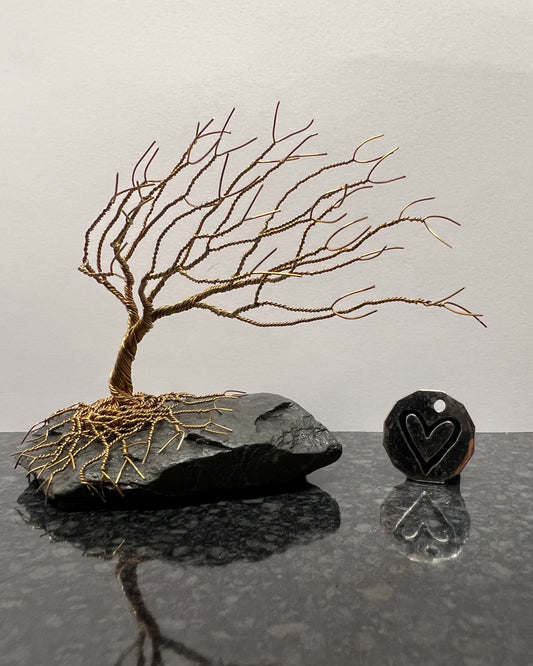 Windswept Celtic Tree Sculpture - Antique Bronze on Slate - Small Plus