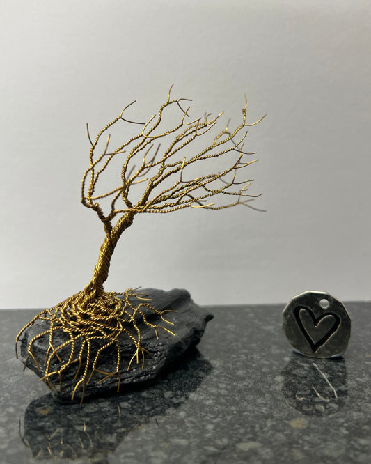 Windswept Celtic Tree Sculpture - Antique Bronze on Slate - Small Plus