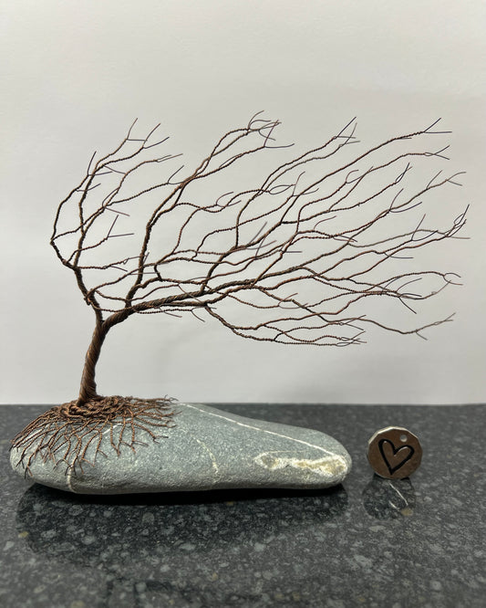 Windswept Celtic Tree Sculpture - Antique Copper on Pebble - Medium Plus