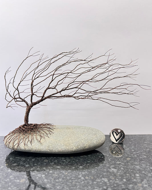 Windswept Celtic Tree Sculpture - Antique Copper on Pebble - Medium Plus