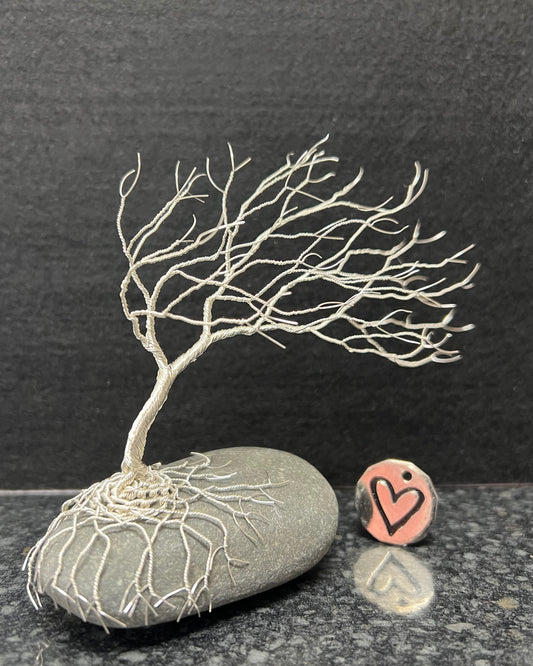 Windswept Celtic Tree Sculpture - Silver (plated) on Pebble- Medium