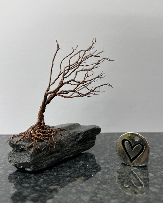 Windswept Celtic Tree Sculpture - Antique Copper on Slate - Small Plus