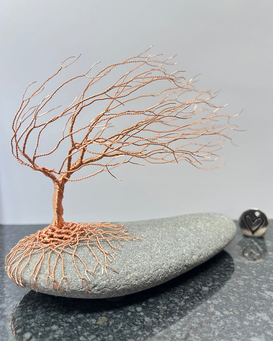 Windswept Celtic Tree Sculpture - Copper on Pebble - Medium Plus