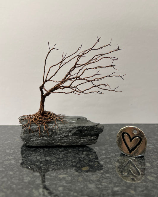 Windswept Celtic Tree Sculpture - Antique Copper on Slate - Small Plus