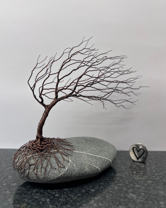 Windswept Celtic Tree Sculpture - Antique Copper on Pebble - Medium Plus