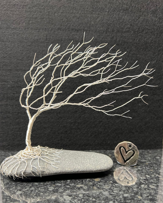 Windswept Celtic Tree Sculpture - Silver (plated) on Pebble- Medium